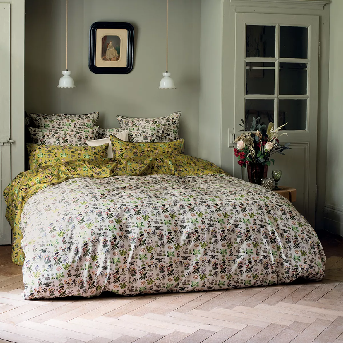Housse de couette satin de coton imprimé multicolore Pensees angora