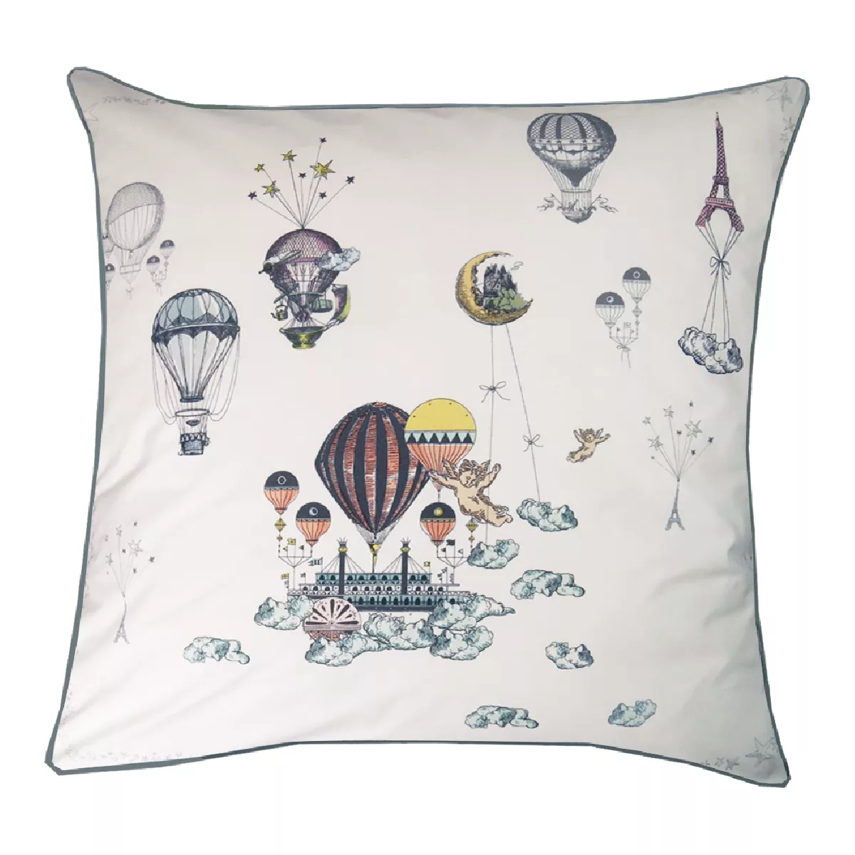 Taie d'oreiller percale de coton imprimé multicolore Voyage en ballon vintage