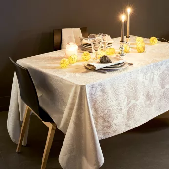 Nappe pur coton enduit motif jacquard beige Mille isaphire parchemin