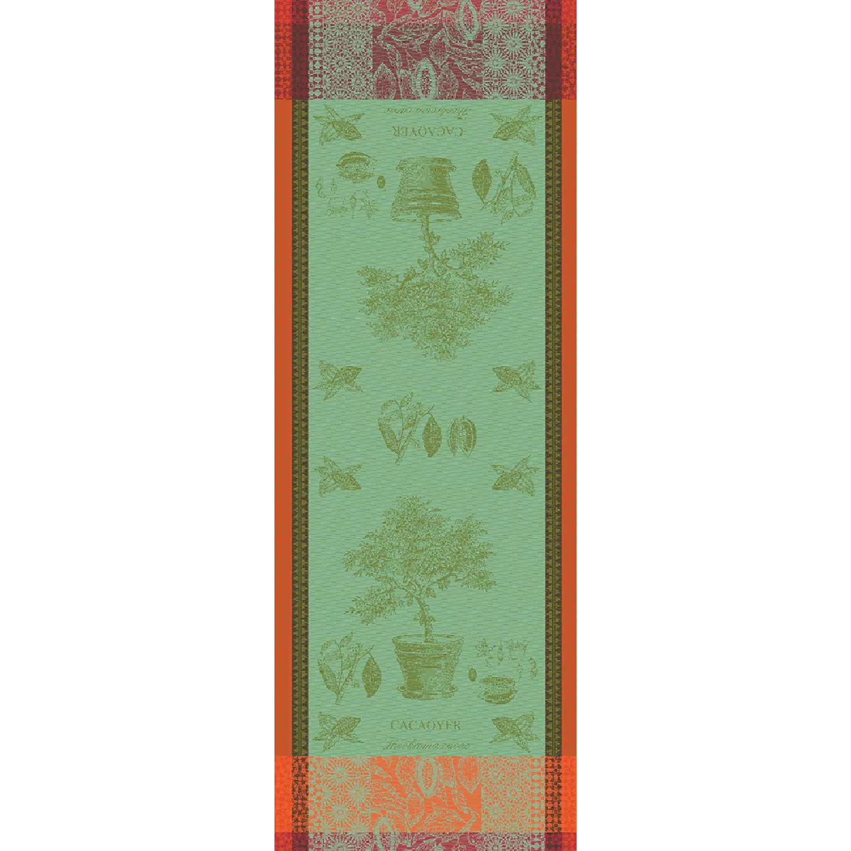 Table runner 100% cotton jacquard pattern green Cacaoyer en pot vert