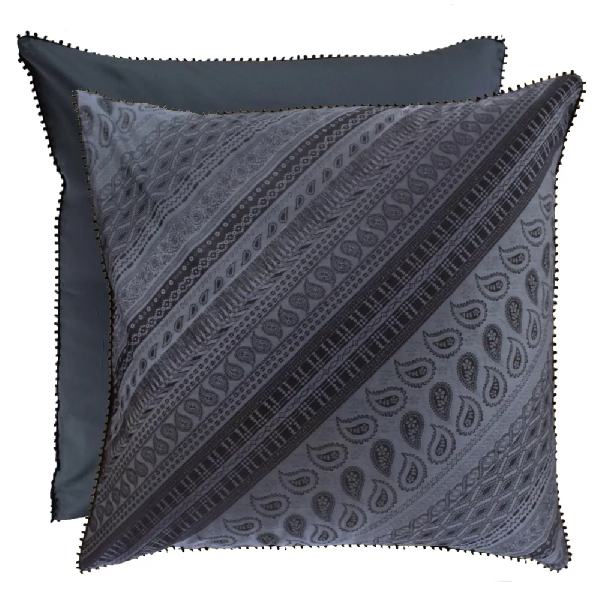 Taie d'oreiller satin de coton motif jacquard gris bleu Esmeralda zinc