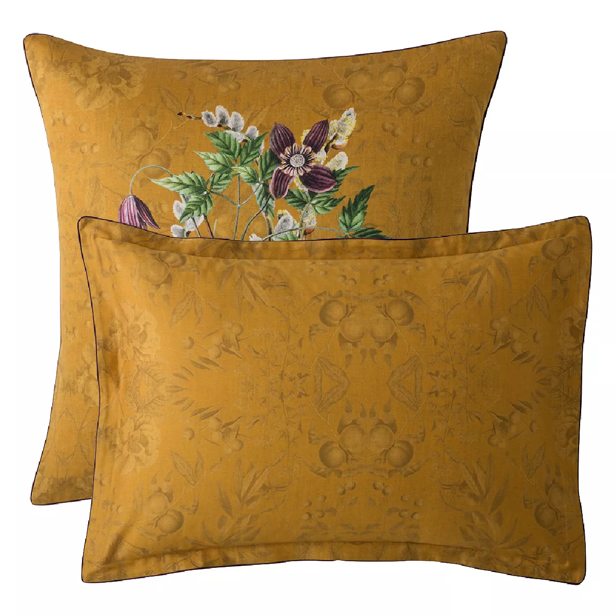 Pillowcase cotton sateen printed multicolor Chants d'oiseaux curry