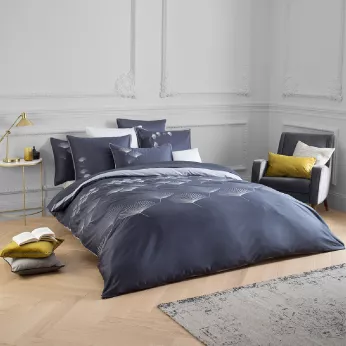 Housse de couette satin de coton brodé bleu Pistil bleu nuit