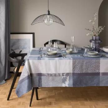 Tablecloth 100% cotton jacquard pattern blue grey Mille matieres orage