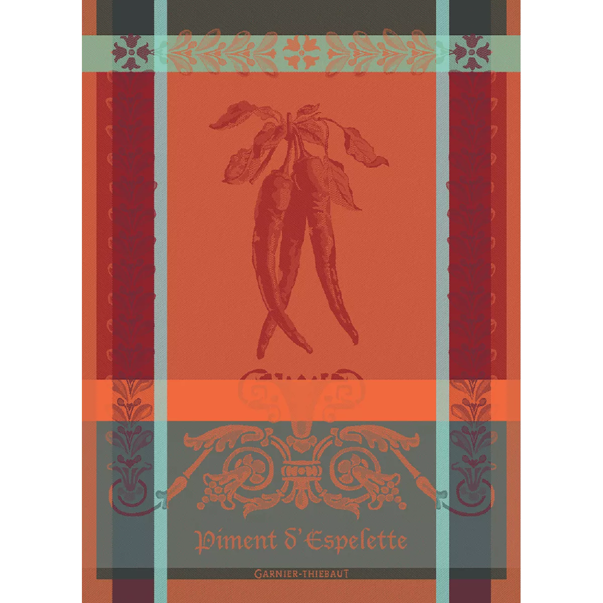 Kitchen towel 100% cotton jacquard pattern orange red Piment d'espelette epices