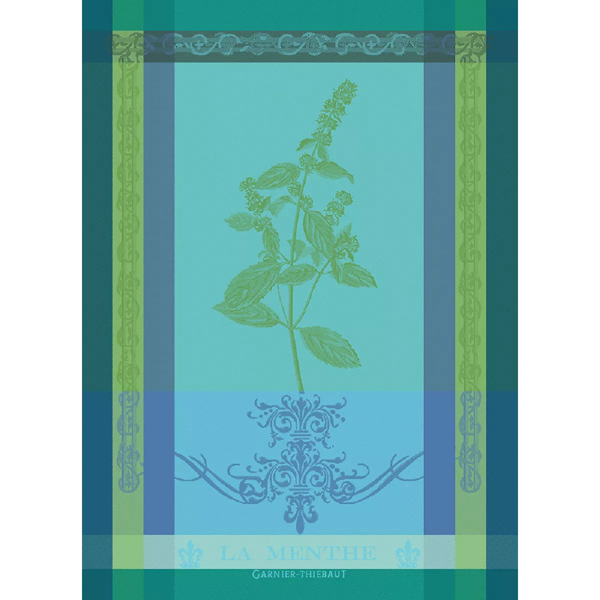 Torchon pur coton motif jacquard bleu vert Brin de menthe chlorophylle