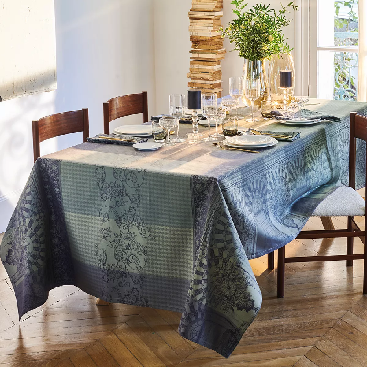 Tablecloth 100% cotton stain repellent jacquard pattern green grey Arcades linea bronze