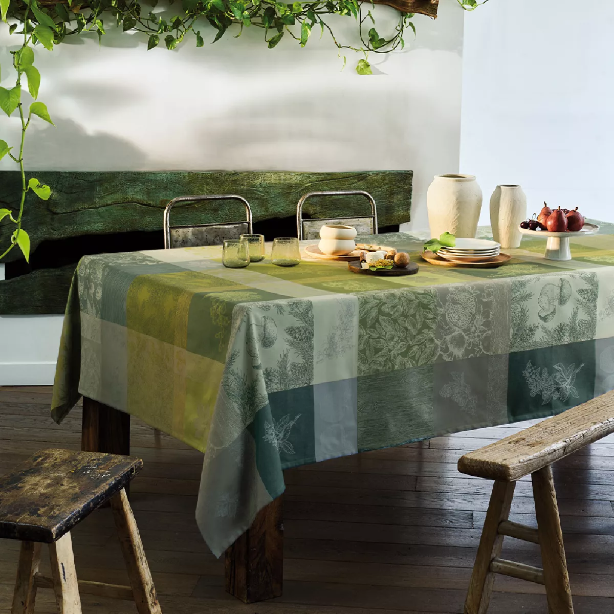 Tischdecke reine baumwolle jacquard-muster grün Mille bois d'automne mousse