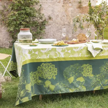 Nappe pur coton motif jacquard vert Mille hortensias vert