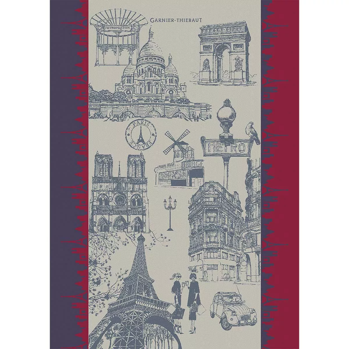 Torchon pur coton motif jacquard rouge bleu J'aime paris tricolore