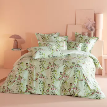 Duvet cover cotton sateen printed multicolor green Foliage vert d'eau