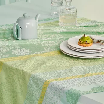 Tablecloth 100% cotton coated jacquard pattern green Mille lace amande