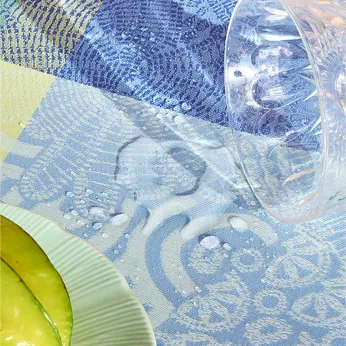 Tablecloth 100% cotton coated jacquard pattern blue Mille rainures atoll