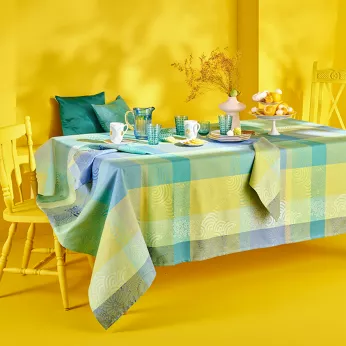 Nappe pur coton motif jacquard bleu Mille rainures atoll