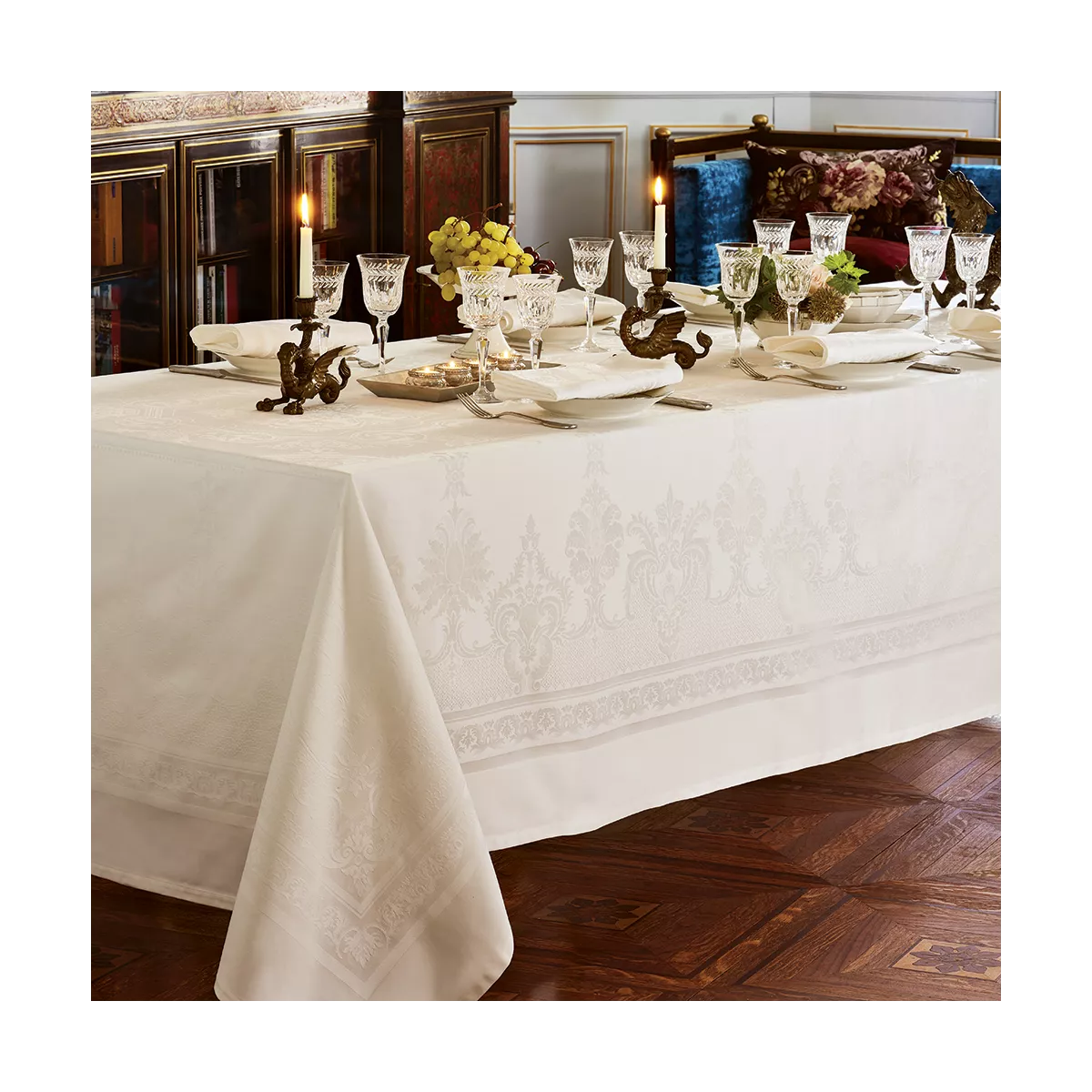Table linen set 100% cotton jacquard pattern ivory Beauregard ivoire