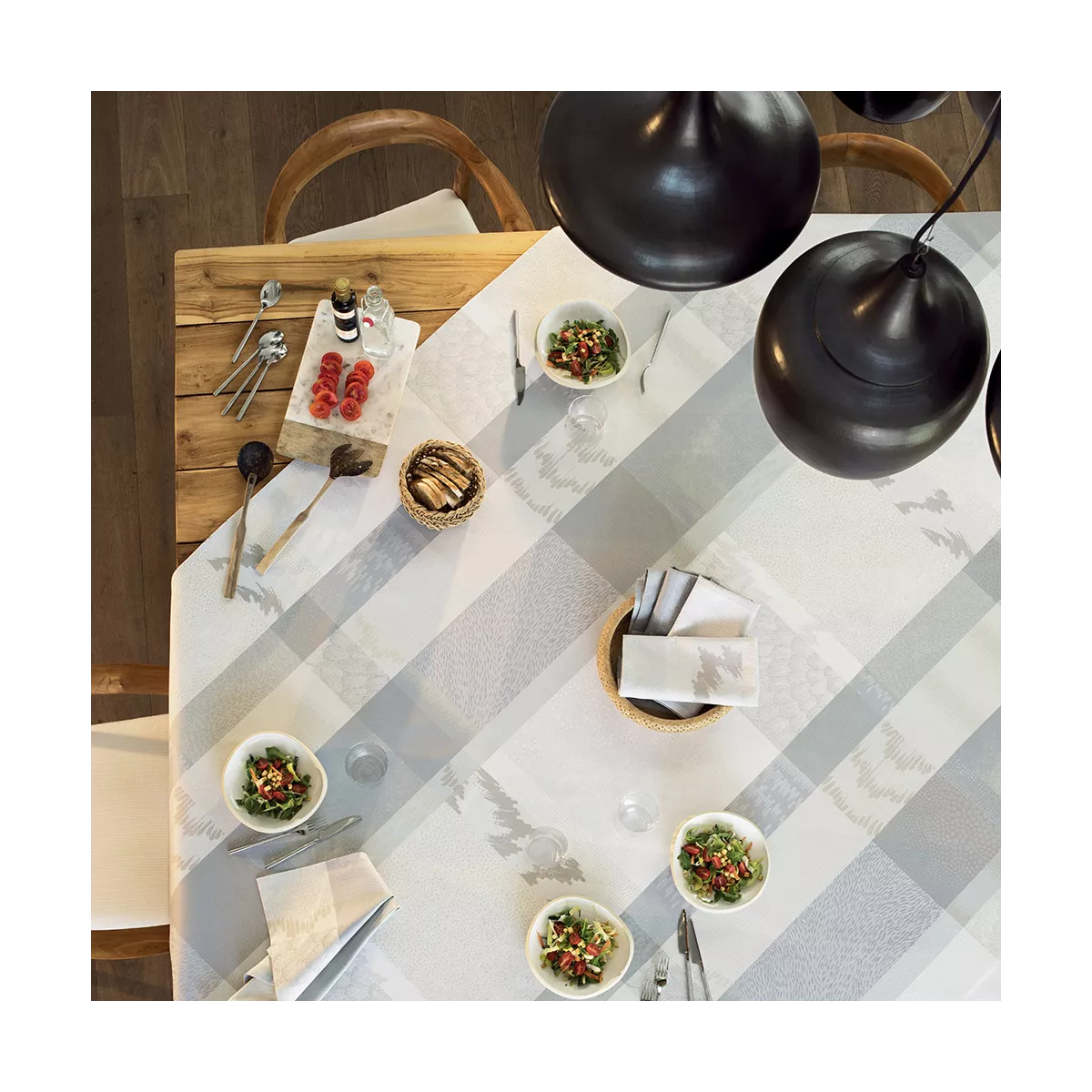 Table linen set 100% cotton jacquard pattern grey Mille matieres vapeur