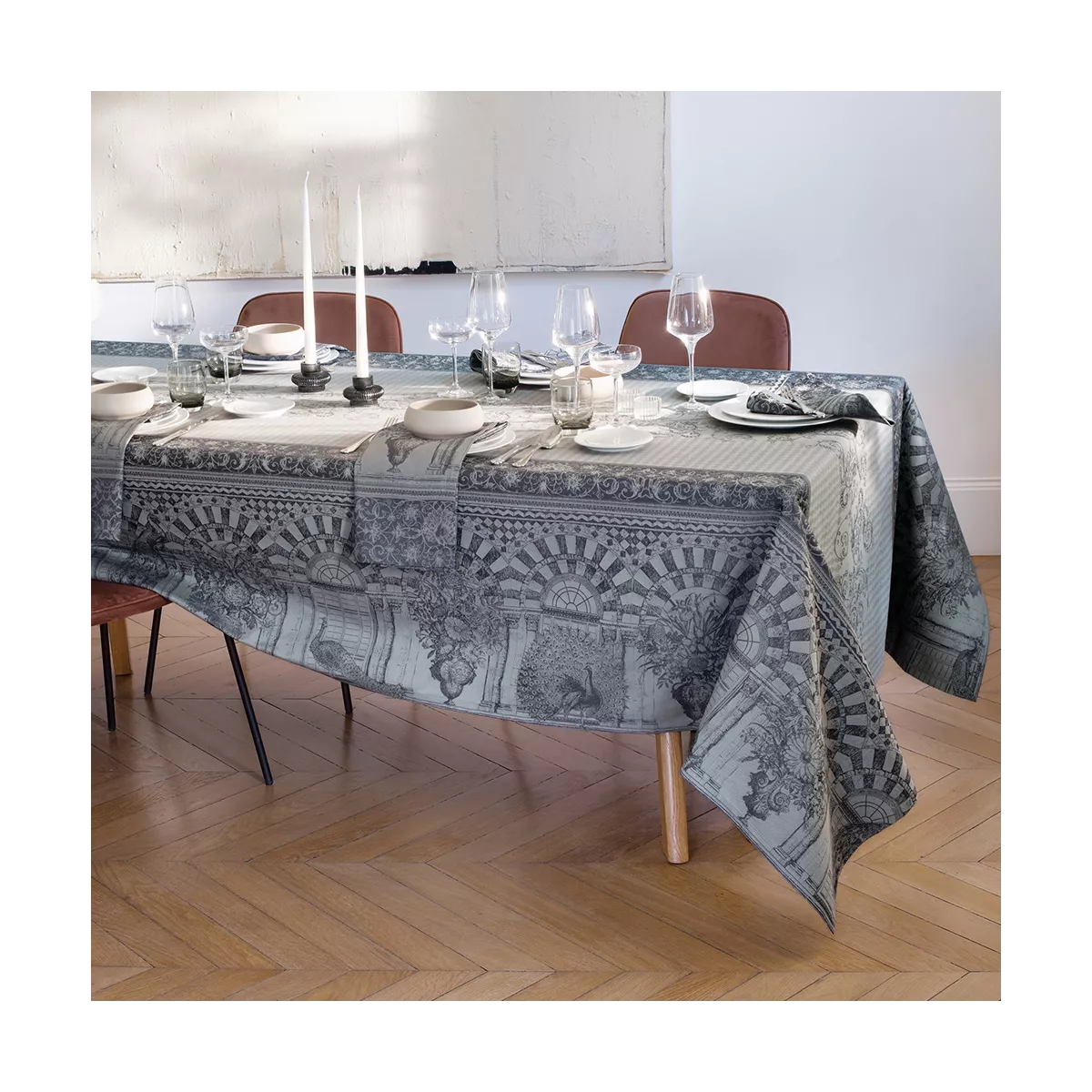 Table linen set 100% cotton jacquard pattern grey Arcades cendre