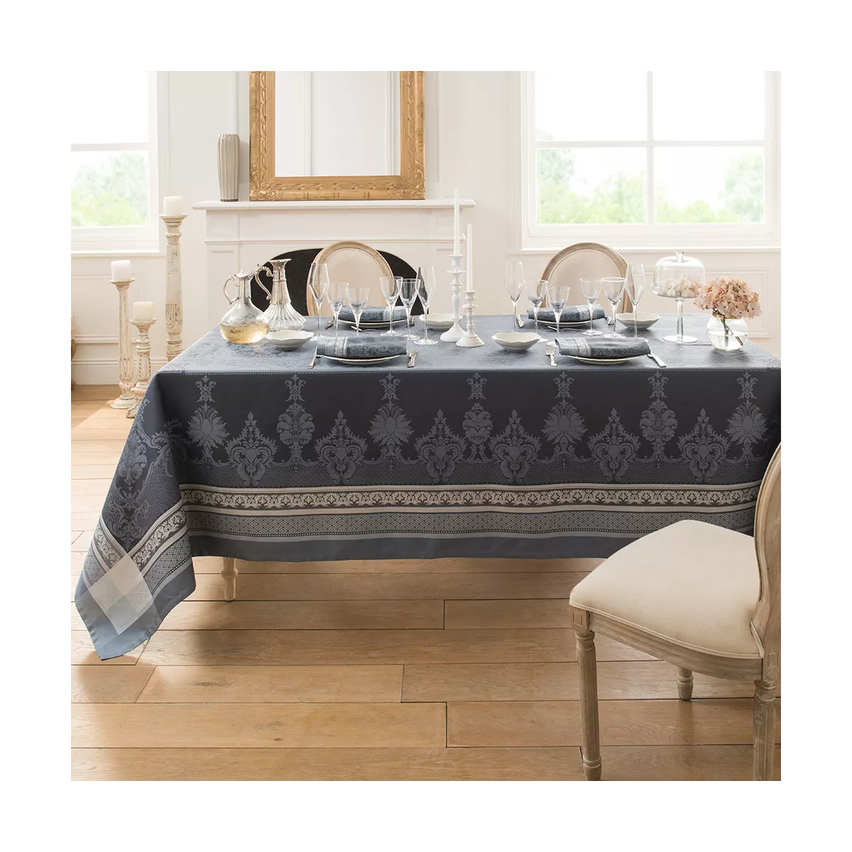 Linge de table pur coton antitache motif jacquard gris Fontainebleau gris