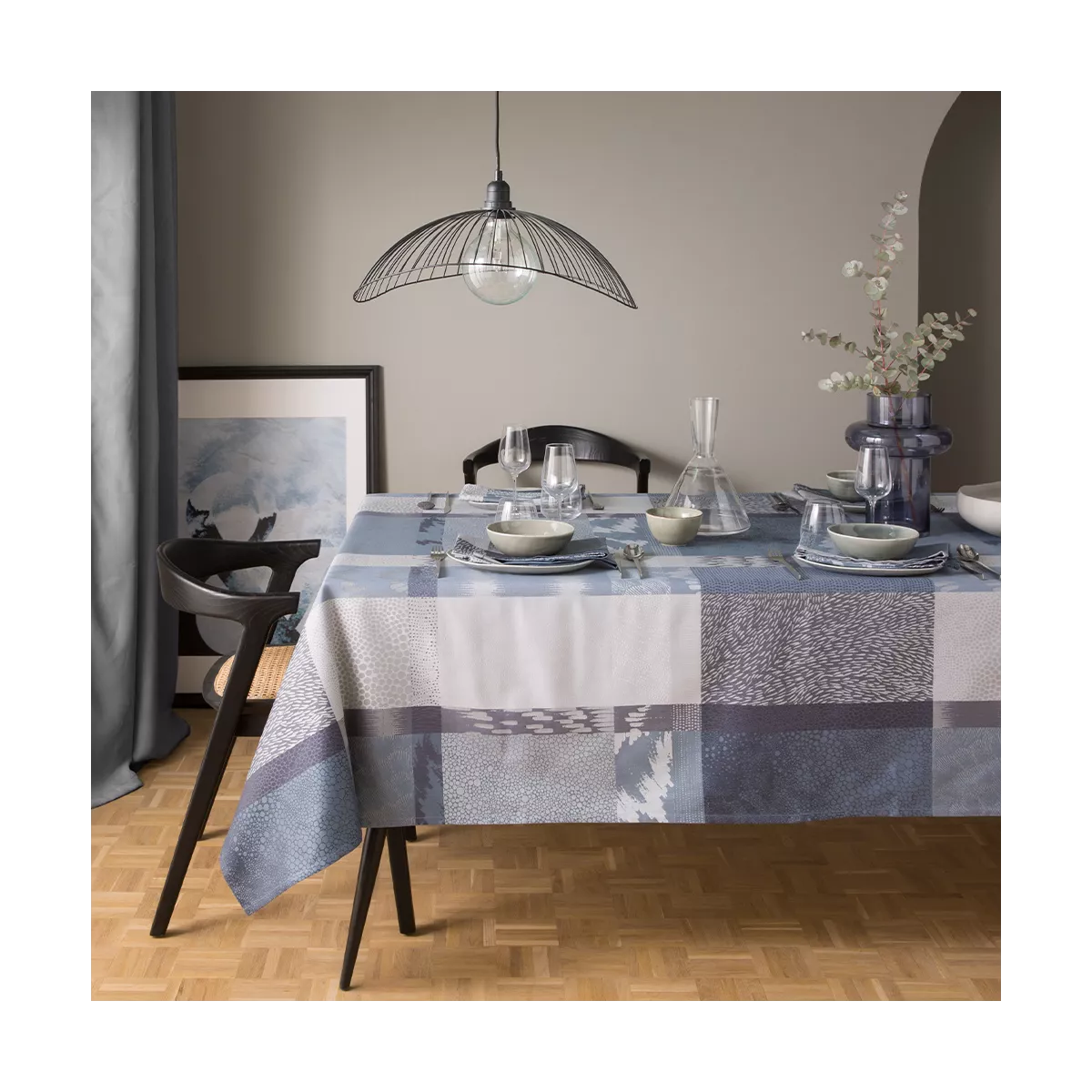 Linge de table pur coton motif jacquard gris bleu Mille matieres orage