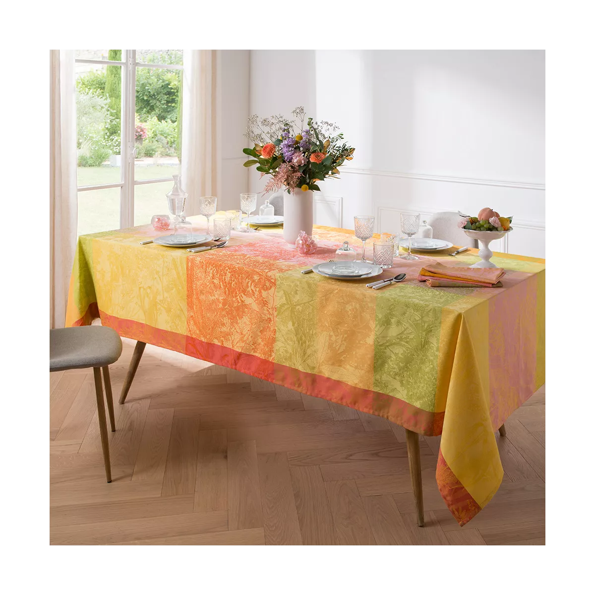 Table linen set 100% cotton jacquard pattern multicolor Mille esprit jardin chatoyant