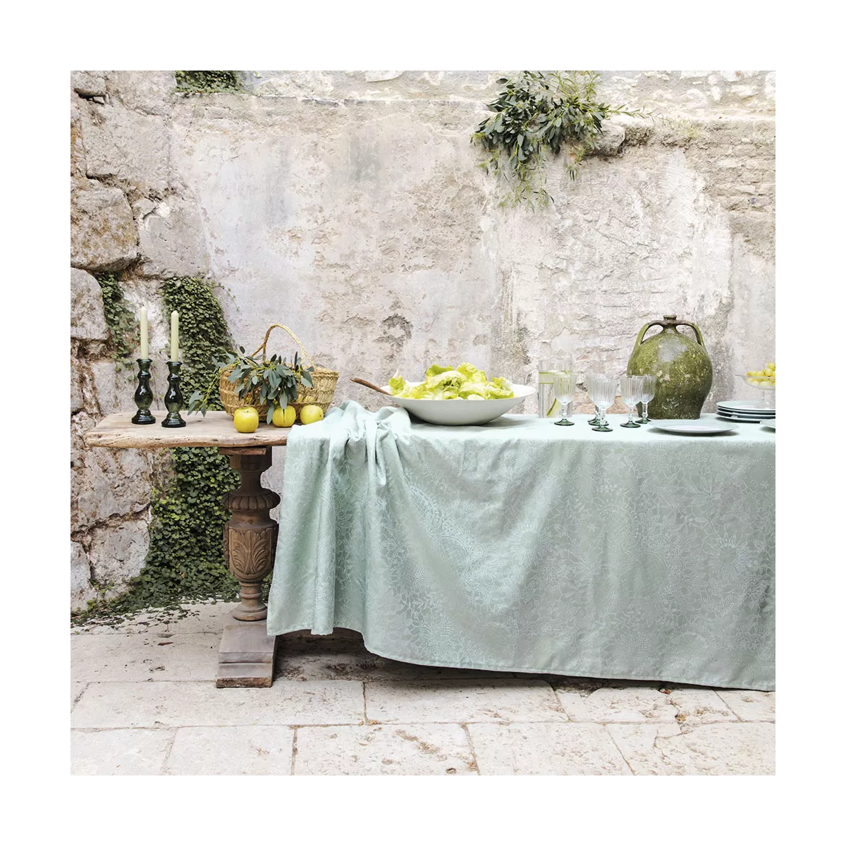Linge de table pur coton motif jacquard vert Mille guipures jade