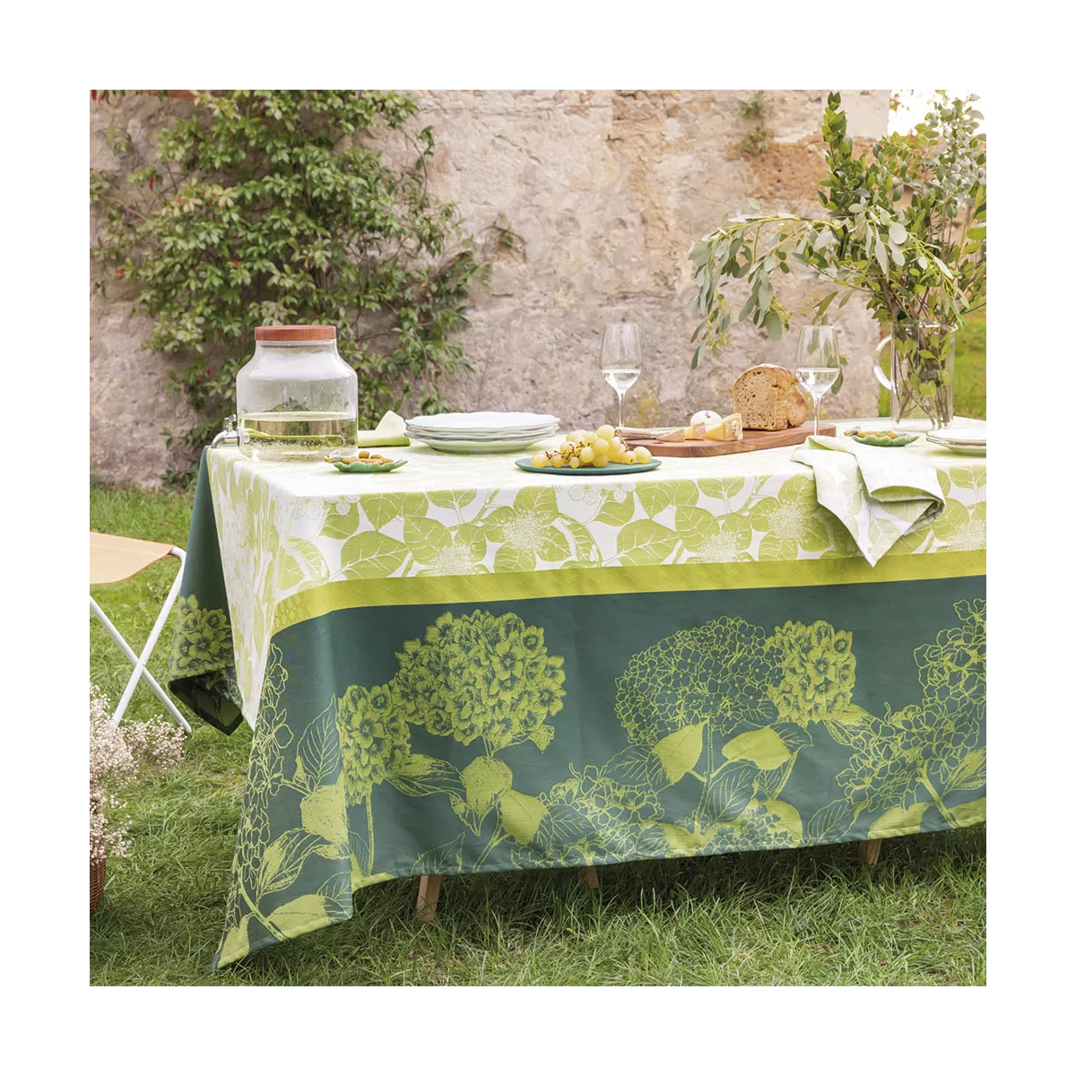 Linge de table pur coton motif jacquard vert Mille hortensias vert