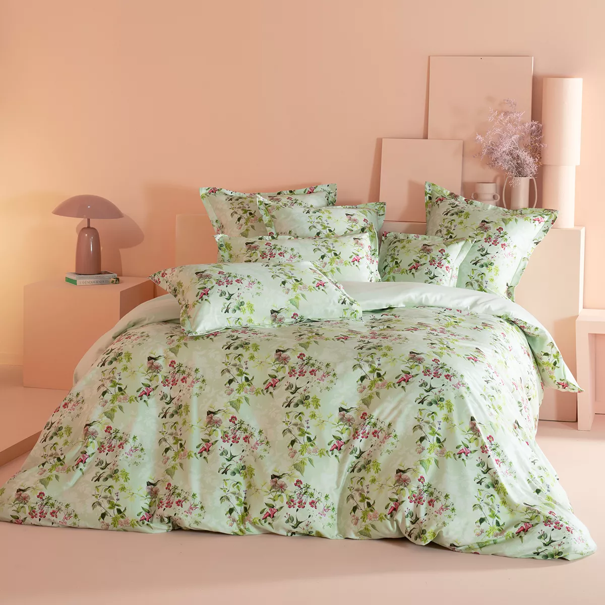 Bettwäsche set baumwollsatin bedruckt mehrfarbig grün Foliage vert d'eau