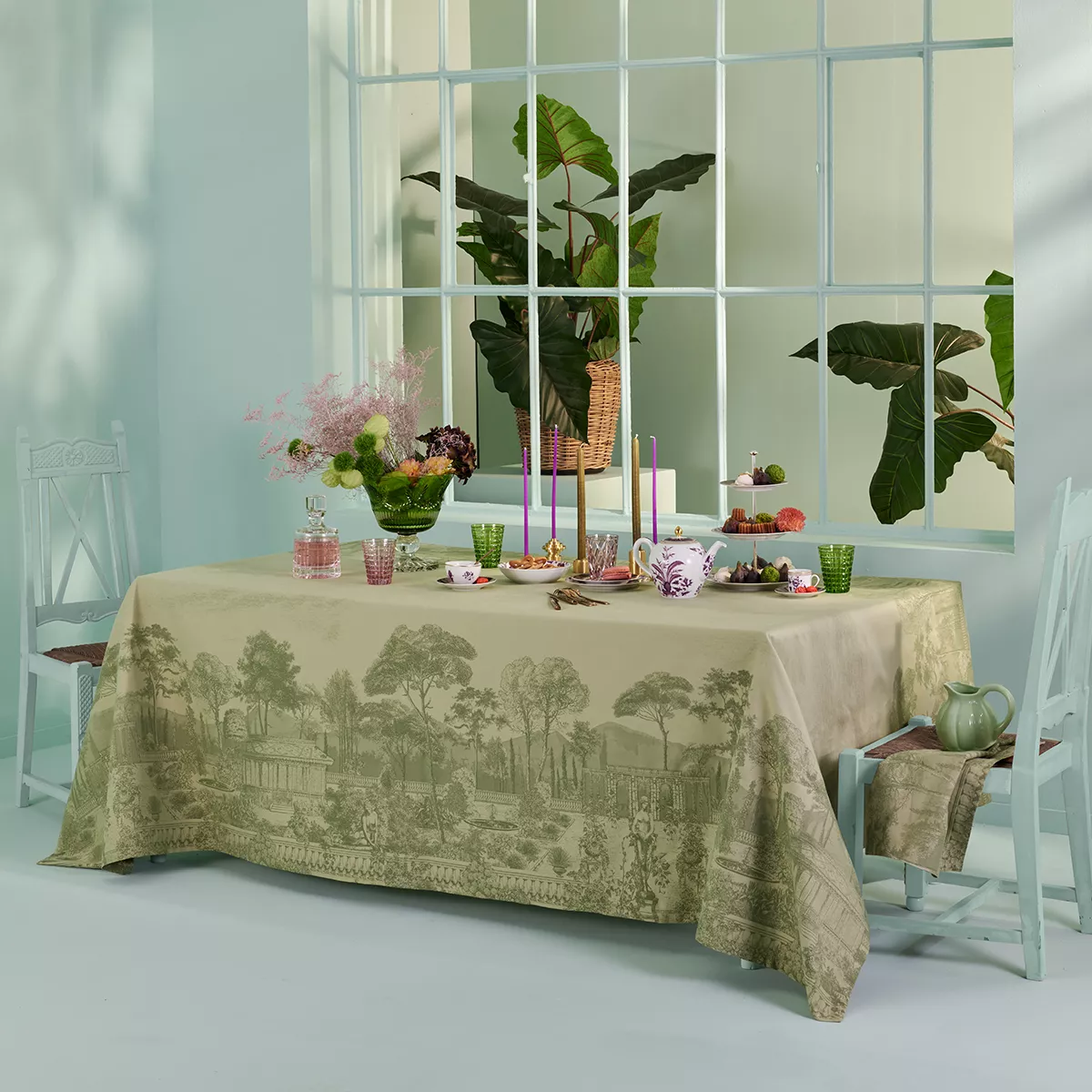 Tischwäsche set reine baumwolle fleckenschutz jacquard-muster grün Jardin spirituel olive