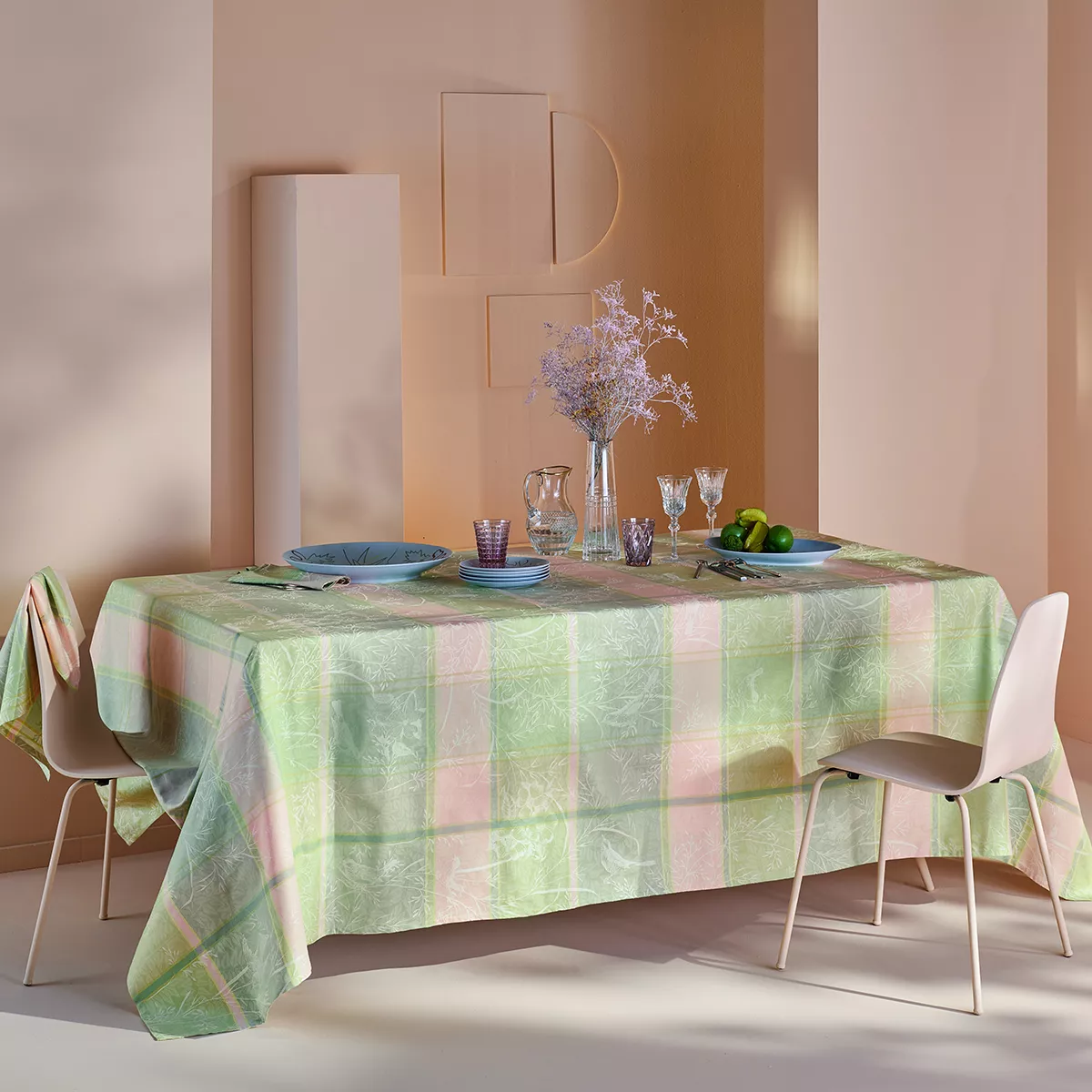 Tischwäsche set reine baumwolle jacquard-muster rosa grün Mille printemps eclosion