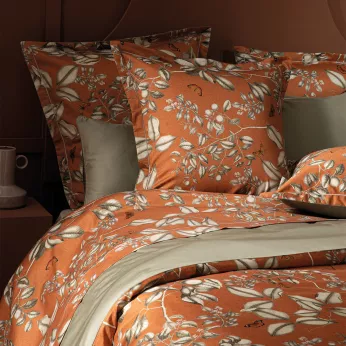 Drap plat satin de coton imprimé orange Fleurs d'oranger rouille