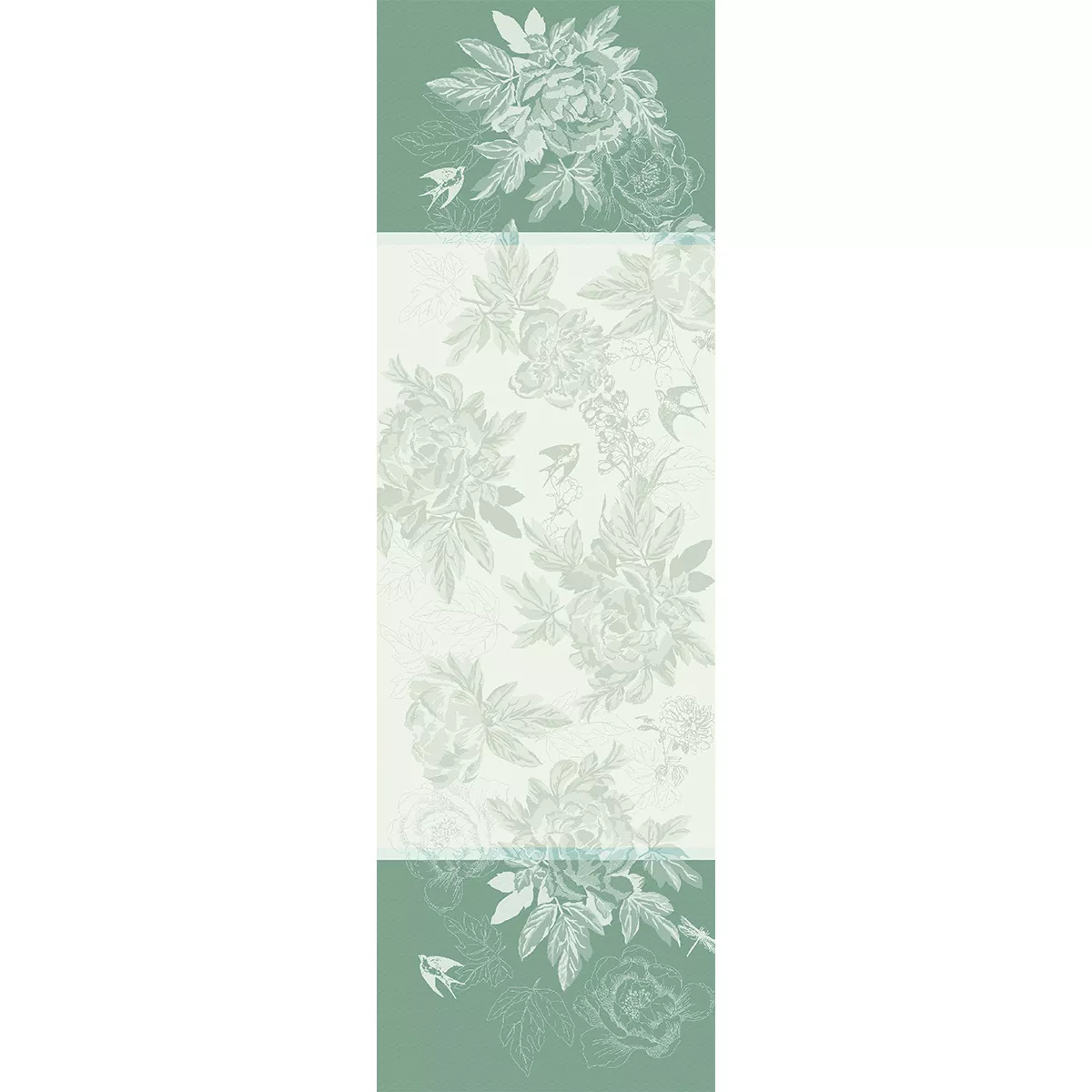 Chemin de table pur coton antitache motif jacquard vert Jardin de pivoines vert
