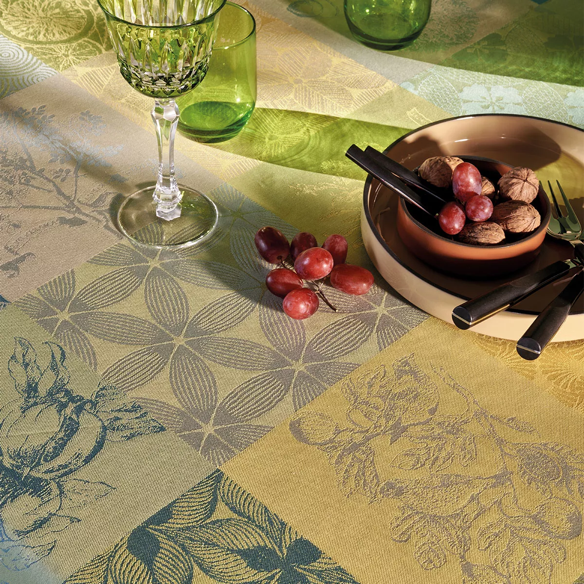 Tablecloth 100% cotton coated jacquard pattern green yellow Mille parfums limoni