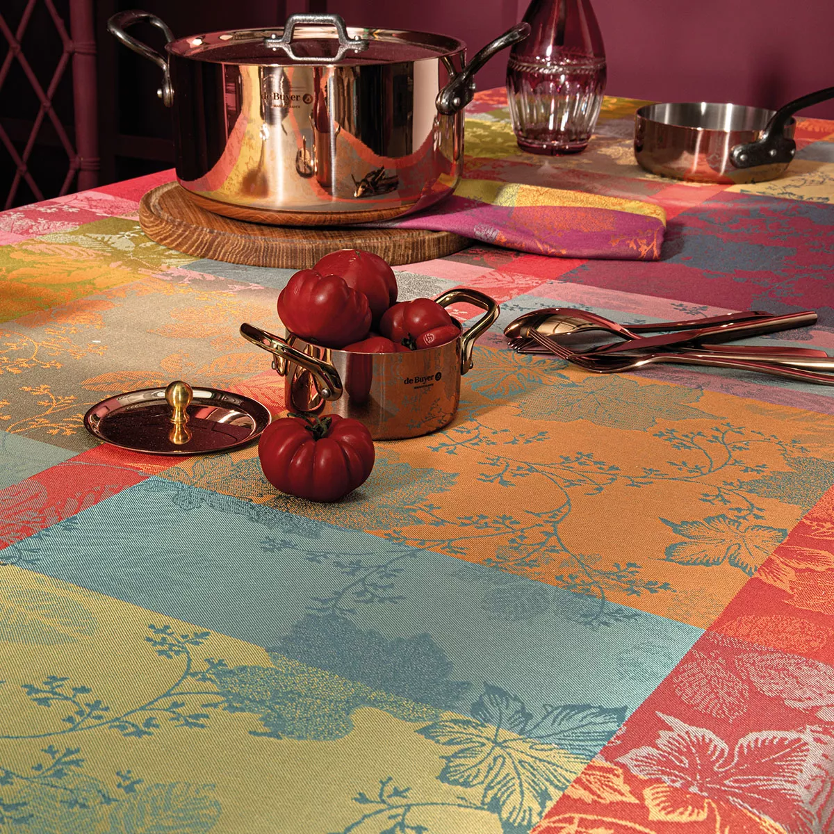 Nappe pur coton enduit motif jacquard orange bordeaux Mille sous bois automne