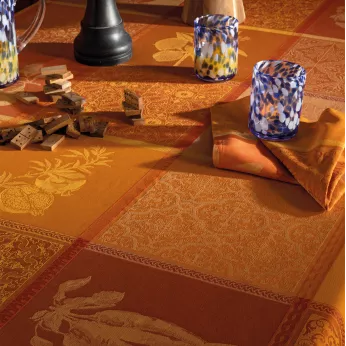 Tablecloth 100% cotton coated jacquard pattern yellow orange Mille tutti frutti ocre