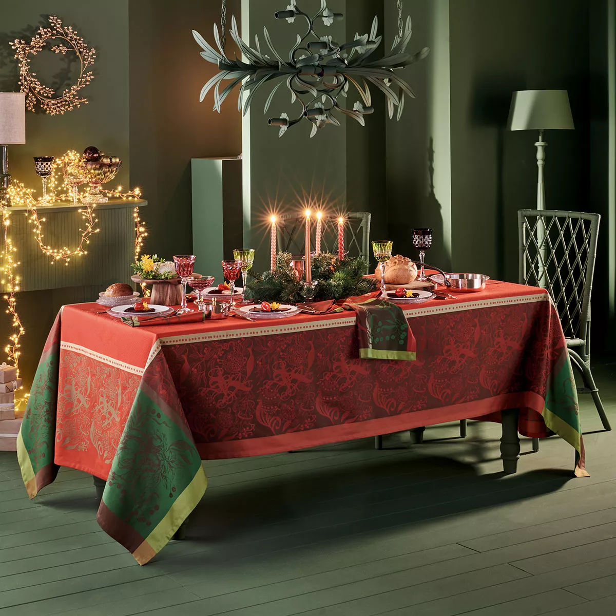 Tischdecke reine baumwolle fleckenschutz jacquard-muster rot grün Noel fruite rouge