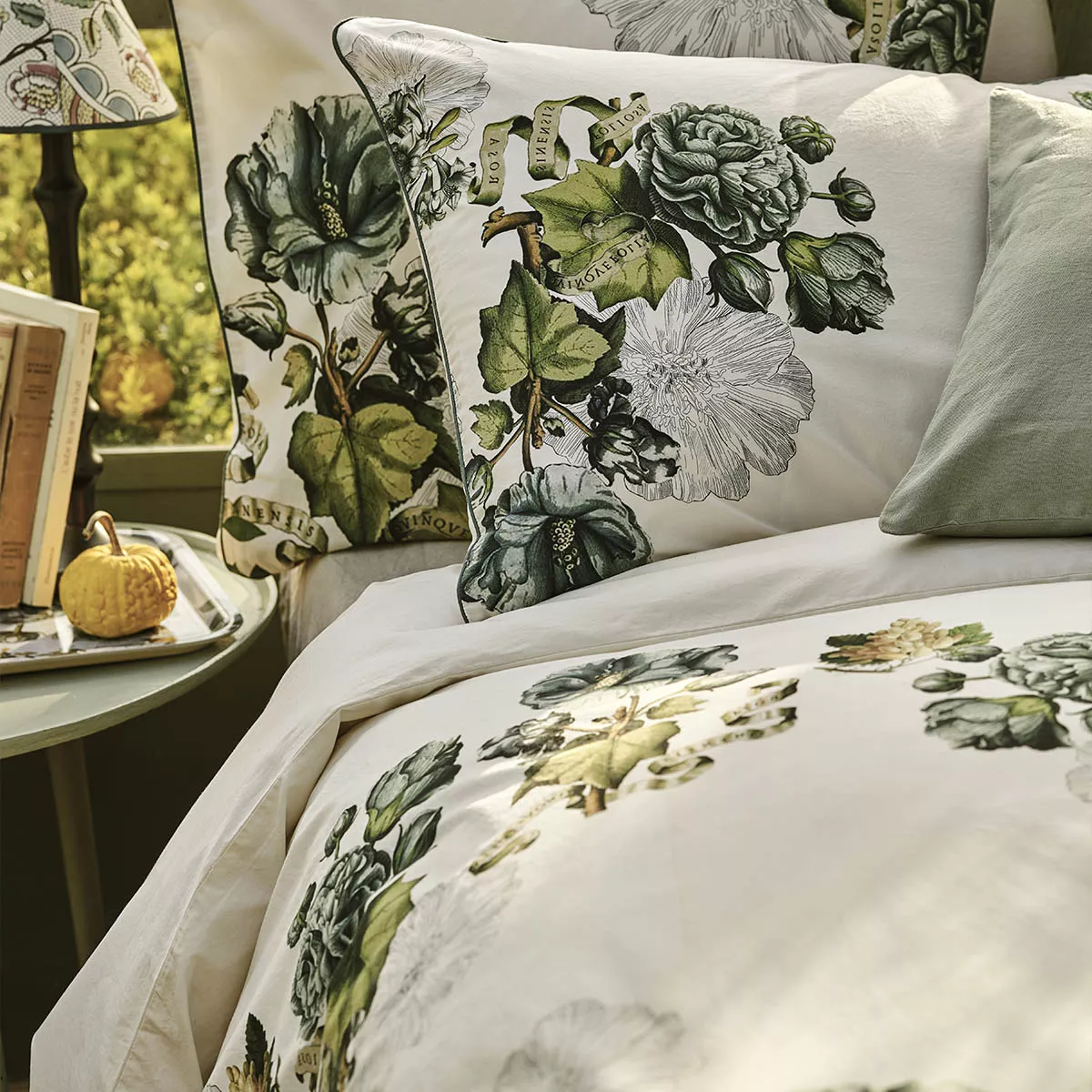 Pillowcase cotton percale prewashed printed green nude Giardino naturel