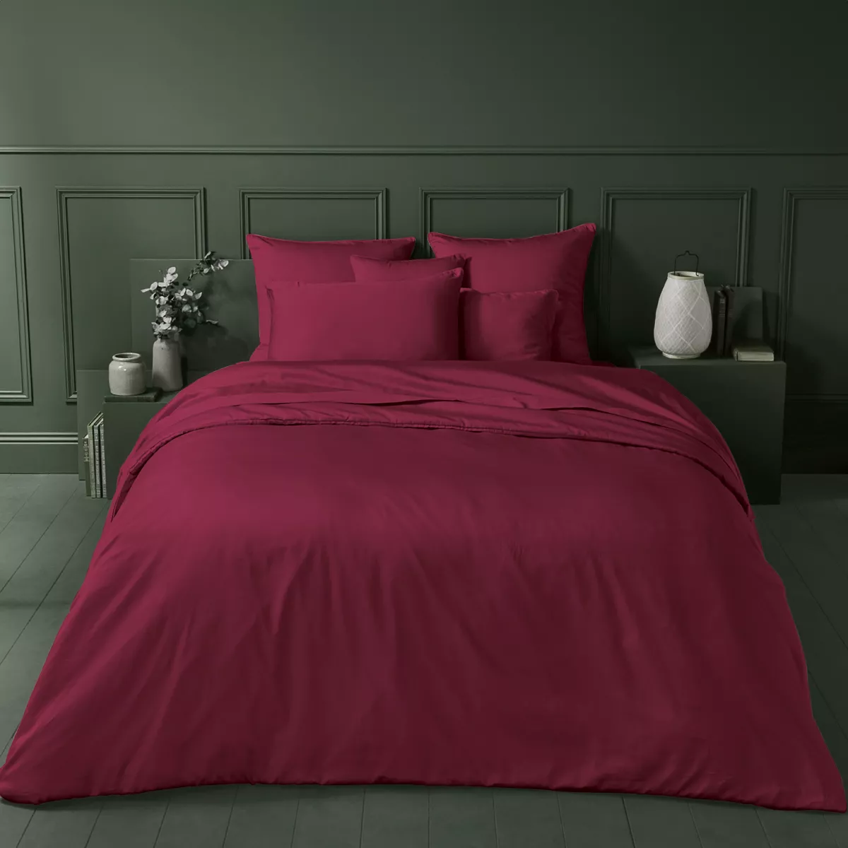 Housse de couette satin de coton uni rouge Ava uni dahlia