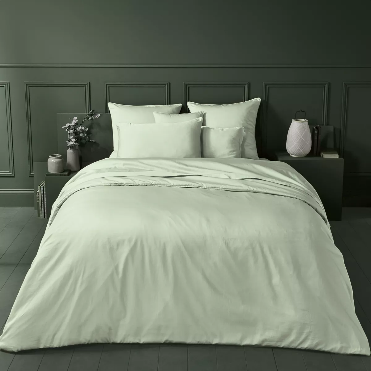Housse de couette satin de coton uni vert Ava uni vert d'eau