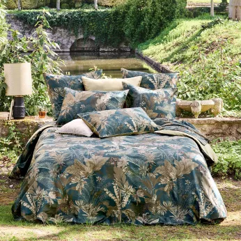 Duvet cover cotton sateen printed blue brown Rainforest bleu dore