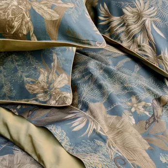 Bettlaken baumwollsatin bedruckt blau kastanienbraun Rainforest bleu dore