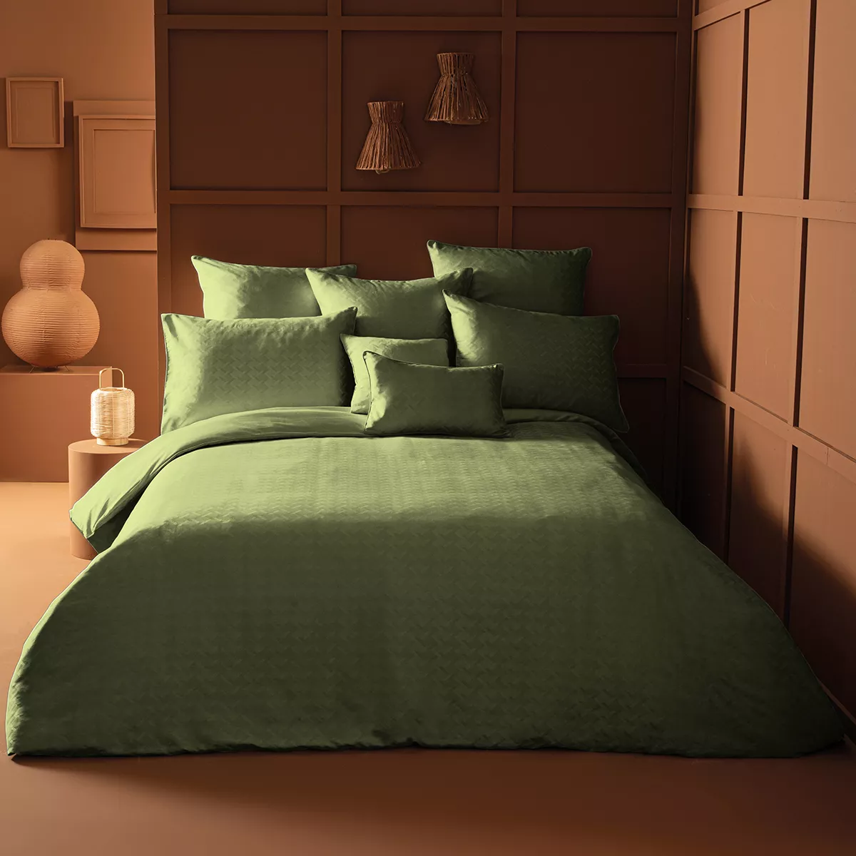 Duvet cover cotton sateen jacquard pattern green Adagio kaki