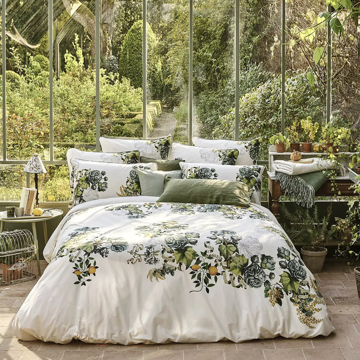Bed set cotton percale prewashed printed nude green Giardino naturel