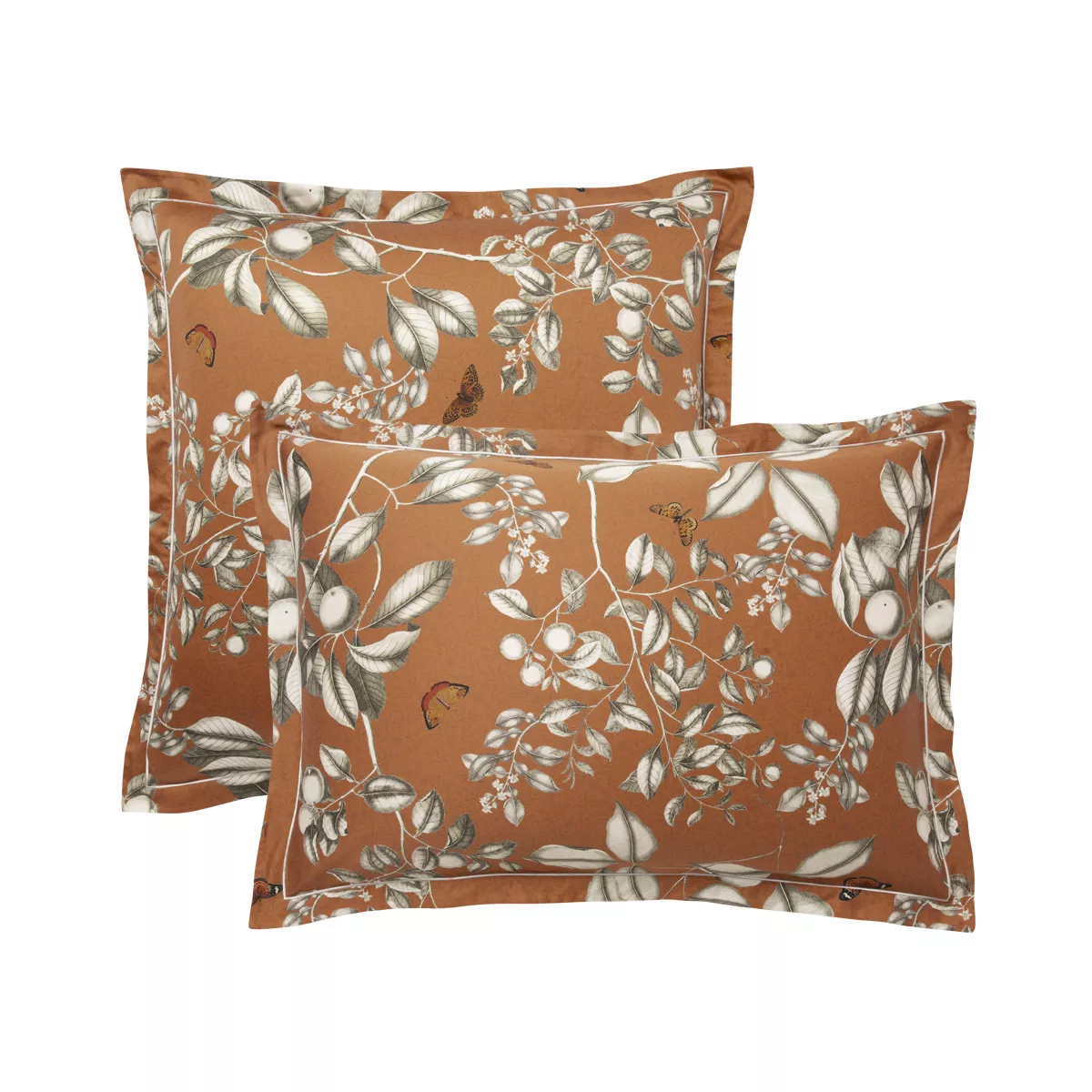 Kopfkissenbezug baumwollsatin bedruckt orange Fleurs d'oranger rouille