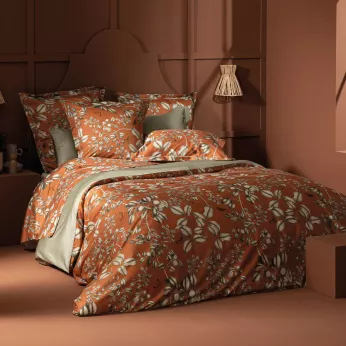 Housse de couette satin de coton imprimé orange Fleurs d'oranger rouille