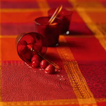 Nappe pur coton enduit motif jacquard orange rouge Mille wax ketchup