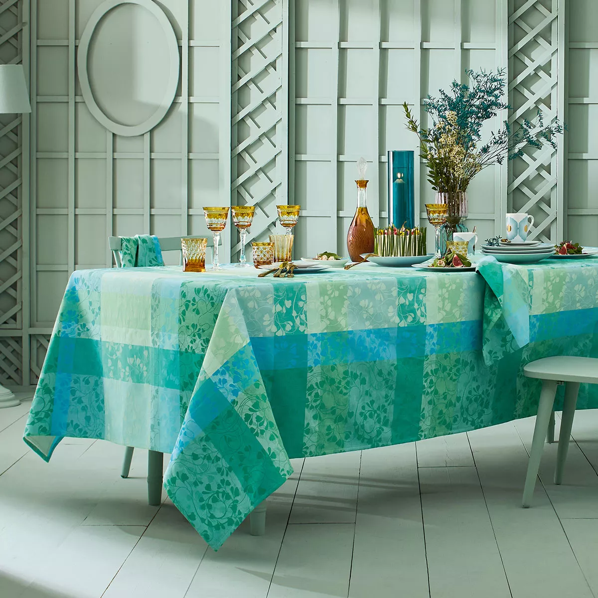 Linge de table pur coton motif jacquard vert bleu Mille feuillages turquoise