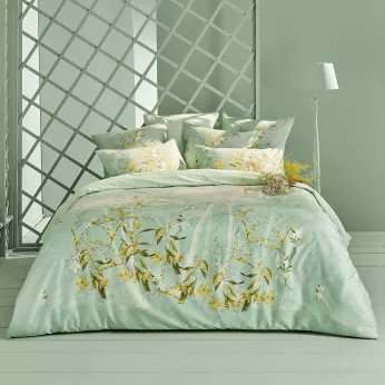 Bettbezug baumwollsatin bedruckt blau Mimosas d'ete turquoise