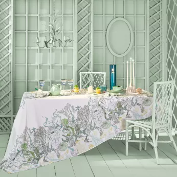Tablecloth linen & cotton prewashed 150 gsm printed white blue green Balade marine verde