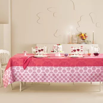 Nappe pur coton motif jacquard rose Mille rosaces framboise