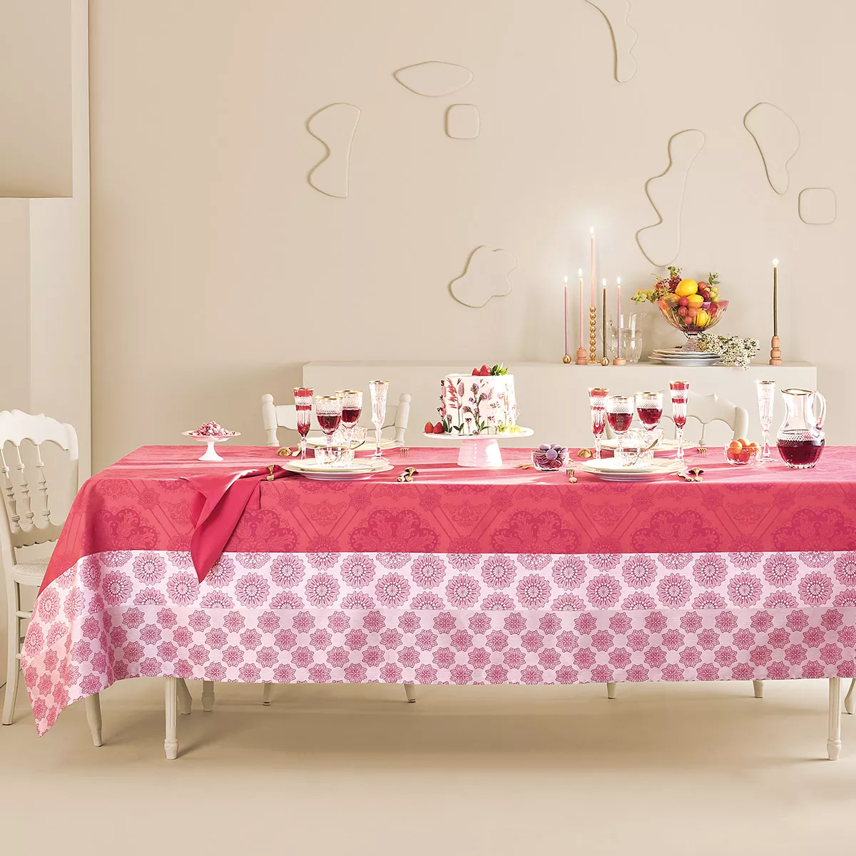 Tablecloth 100% cotton jacquard pattern pink Mille rosaces framboise